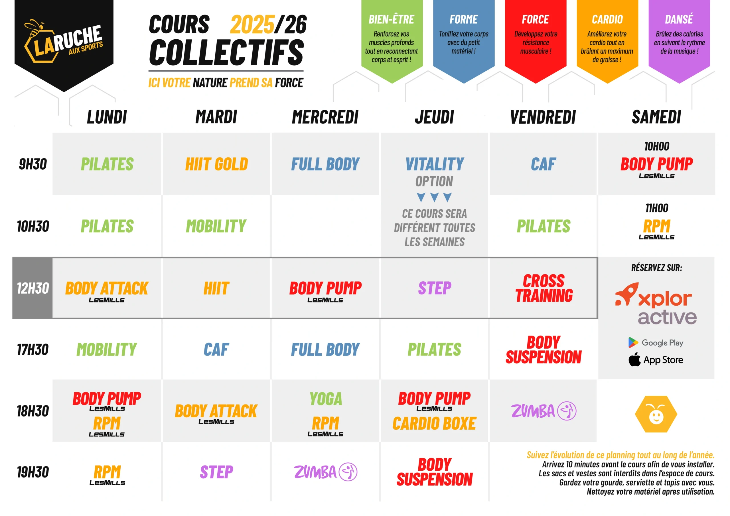 Planning des cours collectifs de La Ruche aux Sports