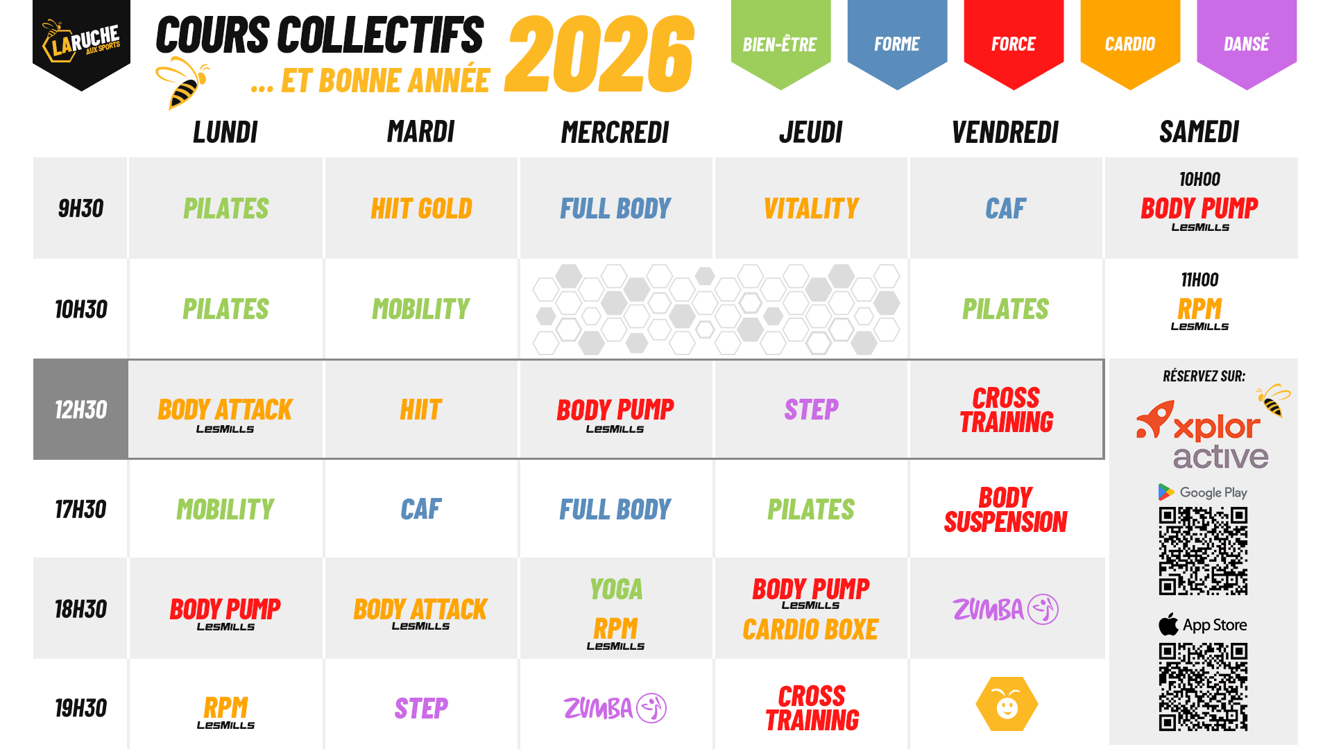 Planning des cours collectifs de La Ruche aux Sports pour l'année 2026